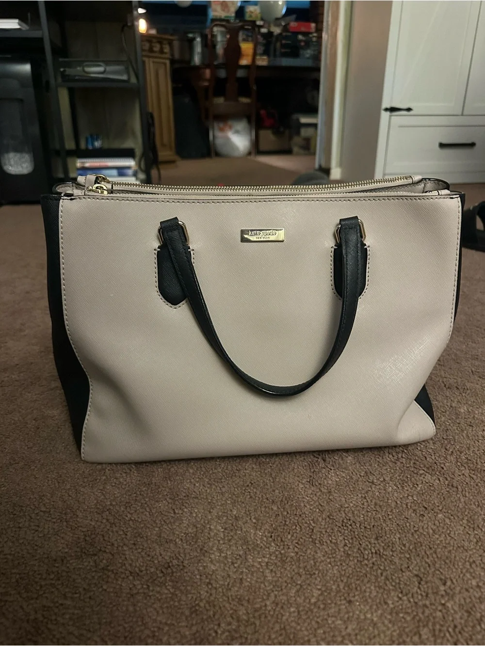 kate spade Beige and Black Satchel with Gold Logo Plate